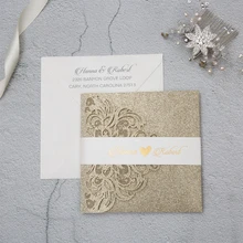 High Quality Wedding Invitation Card Laser Art Glistening Gold Pocket 150*150mm, 100% Customzied Invitation(China)