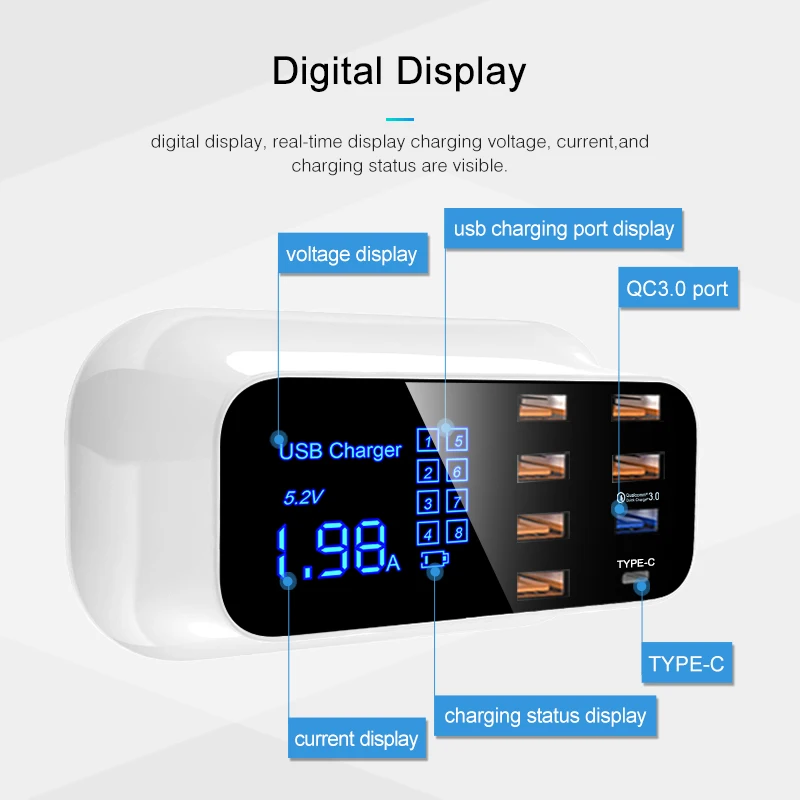 Быстрая зарядка 3,0 usb type C зарядное устройство со светодиодным дисплеем Быстрая зарядная станция телефон планшет USB зарядное устройство для iPhone samsung адаптер