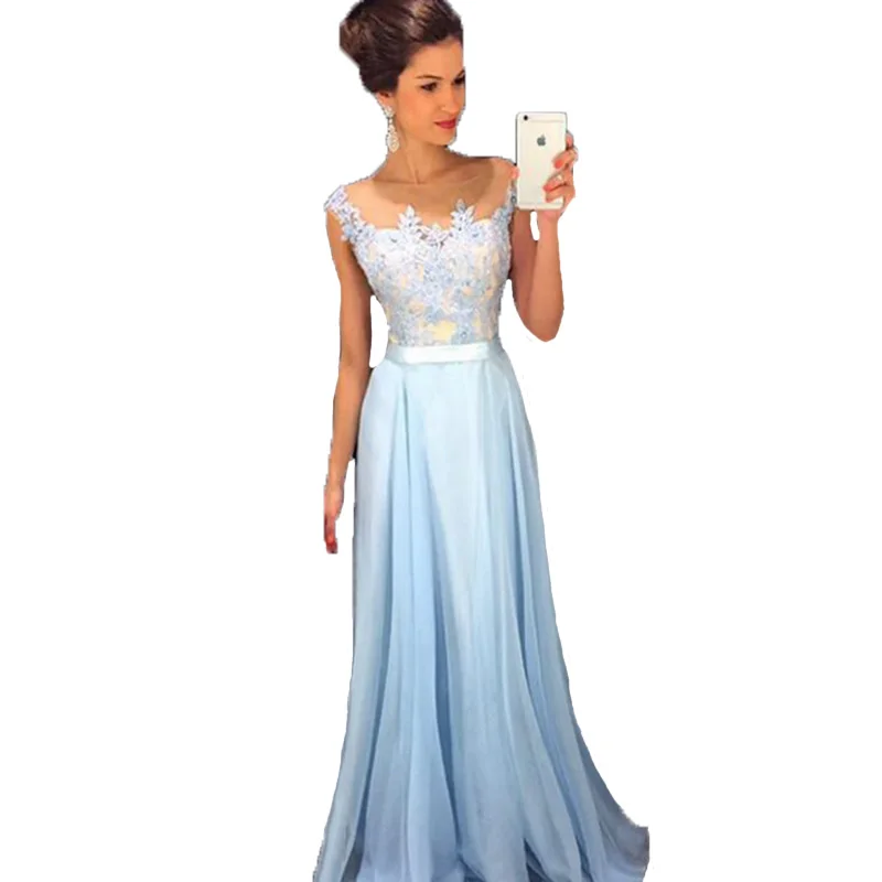 Light Sky Blue Prom Dress 2017 Long Chiffon Lace Evening Gowns Formal