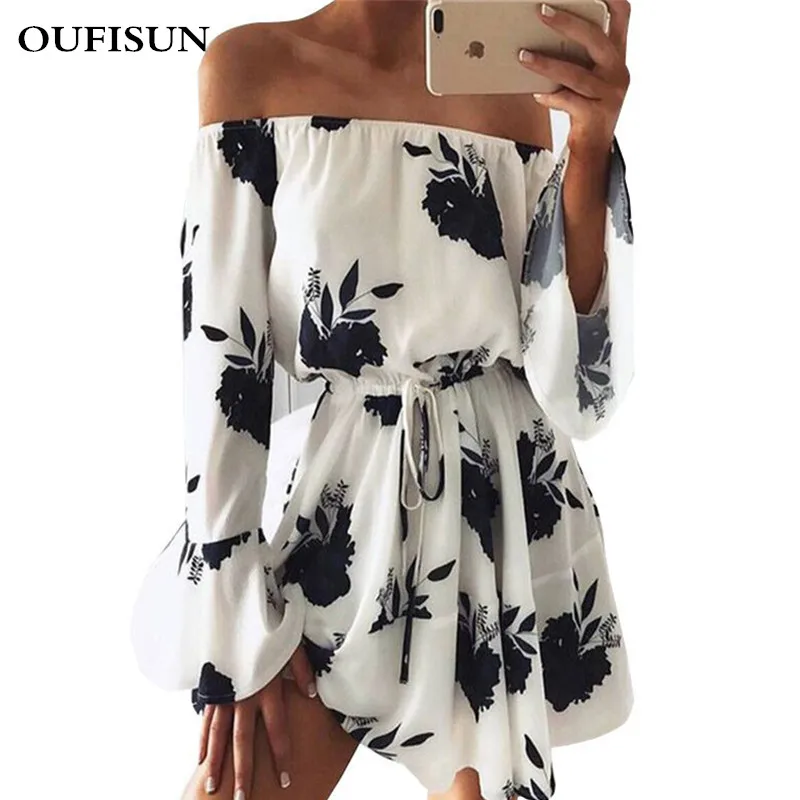 

Oufisun Summer Beach Off Shoulder Ctop Top Women's Mini Dress Boho Floral Print Loose Dresses 2019 Sexy Empire Flash Neck Dress