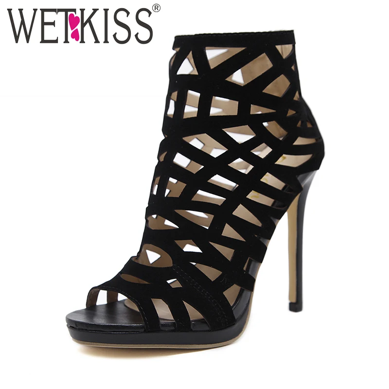 

WETKISS 2018 Ankle Summer Women Boots Zipper Peep Toe Stiletto Footwear Antumn Fashion High Neck Boots High Heels Ladies Shoes