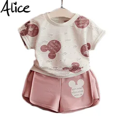 

2016 New Brand Girls Mickey Sport Suit Cartoon Clothing Set Ripped White Shirt with Shorts for Kids and Chidlren Clothing