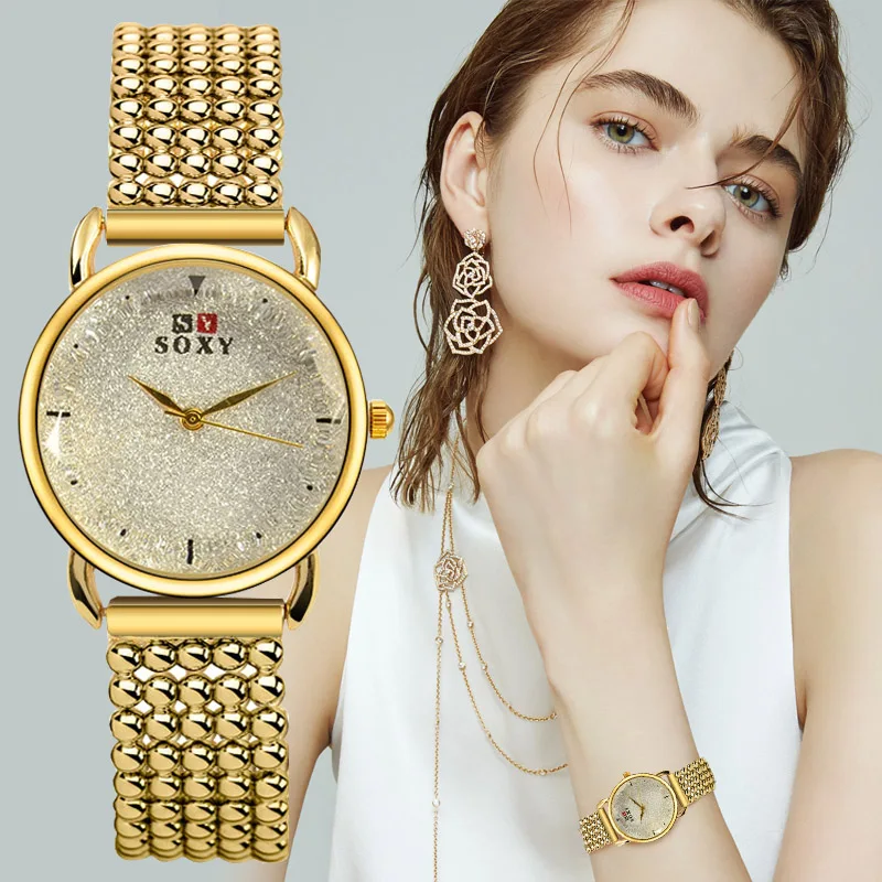 Роскошные женские часы золотые Mujer Часы платье кварцевые браслет из нержавеющей стали наручные часы feminino бренд SOXY montre femm2019