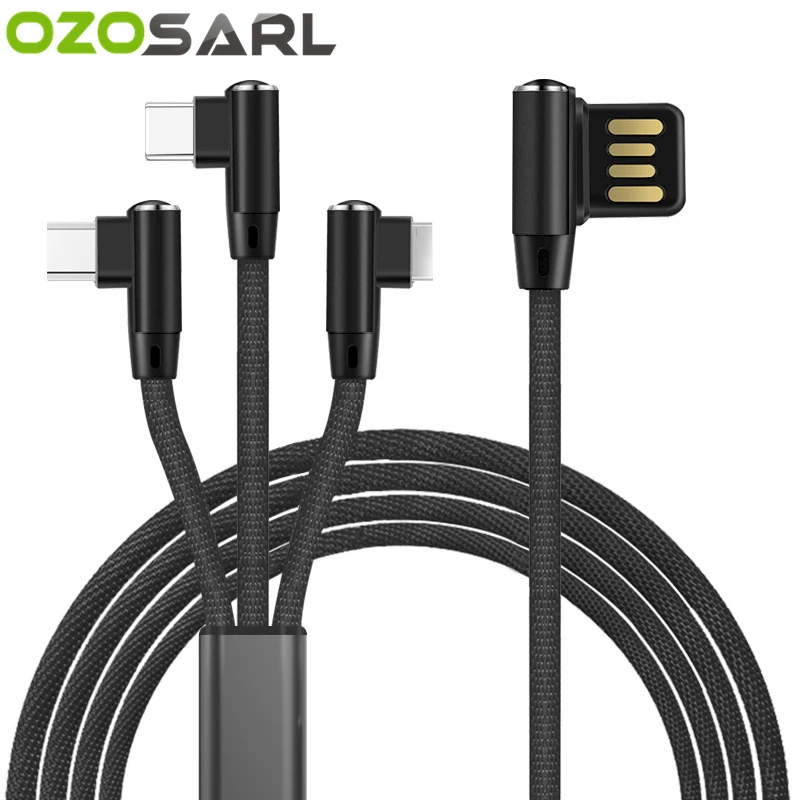 

USB Cable 3 in 1 5V 2.4A Fast Charging 90 Degree Dual Type C Micro USB Charger Cable L Type Bending Nylon Cord for iPhone Cable