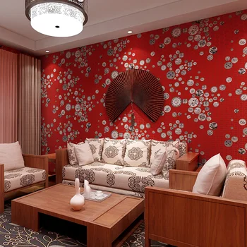 

Classical Chinese Style Red Non-woven Wallpaper Living Room Bedroom Study New Chinese-style Television Background Wall