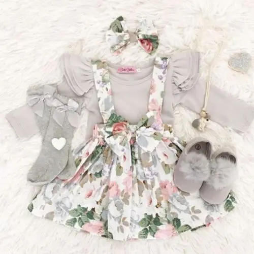 Коллекция года, осенняя одежда для новорожденных девочек, комплект из 3 предметов боди с длинными рукавами топы с цветочным принтом и бантиком, юбка с повязкой на голову, милый комплект одежды