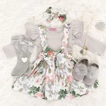 

2018 Autumn Newborn Infant Baby Girl 3pcs Clothes Long Sleeve Bodysuit Tops Floral Bowknot Brace Skirt Headband Cute Outfits Set