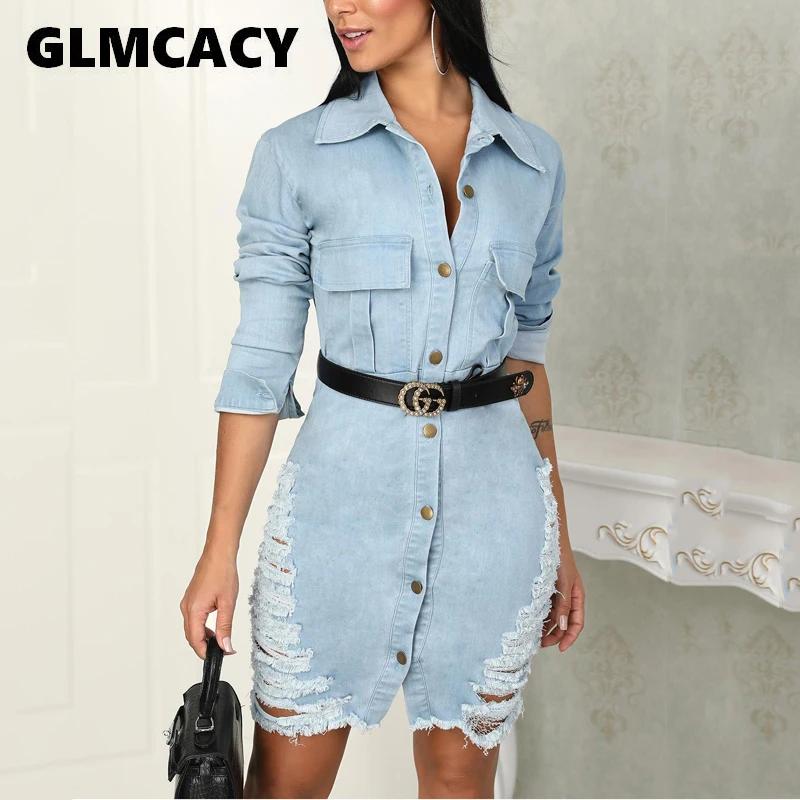 Aliexpress.com : Buy Women Long Sleeve Sexy Denim Dress Distressed Button Denim Dress Single 