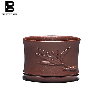 

70cc Yixing Authentic Purple Clay Teacup Raw Ore Embossed Bamboo Leaves Zisha Tea Cups for Office Teaware Vintage Small Sake Cup