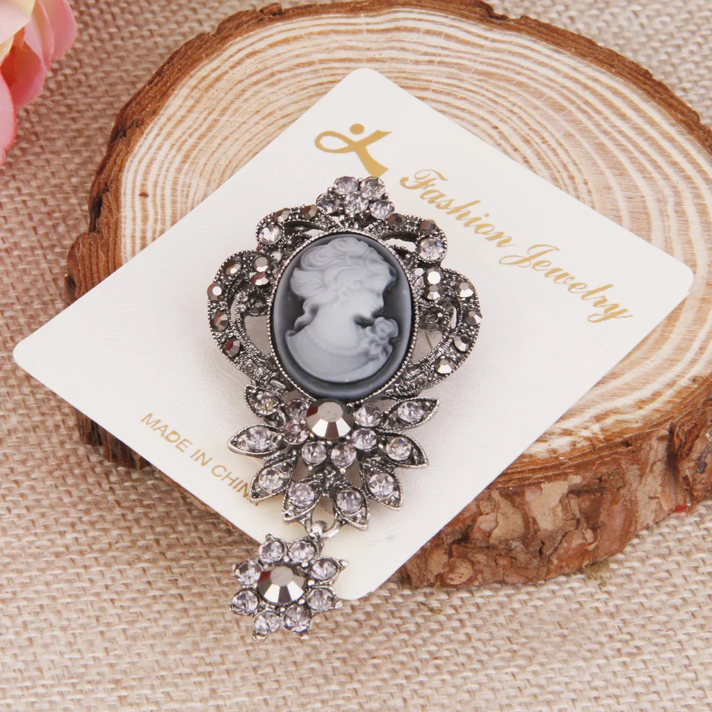 Women's Retro Inlaid Stone Brooch Pin Beauty Girl Head Fashion Hair