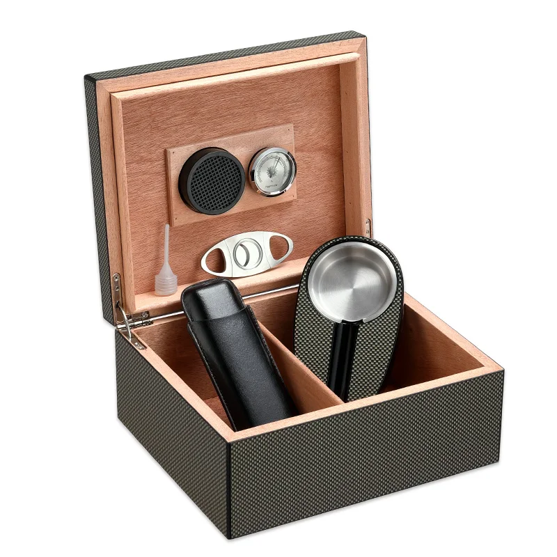 

Luxury Carbon Fiber Grain Cedar Wood Cigar Humidor Big Size Storage Box with Humidifier Hygrometer Cutter ashtray Case