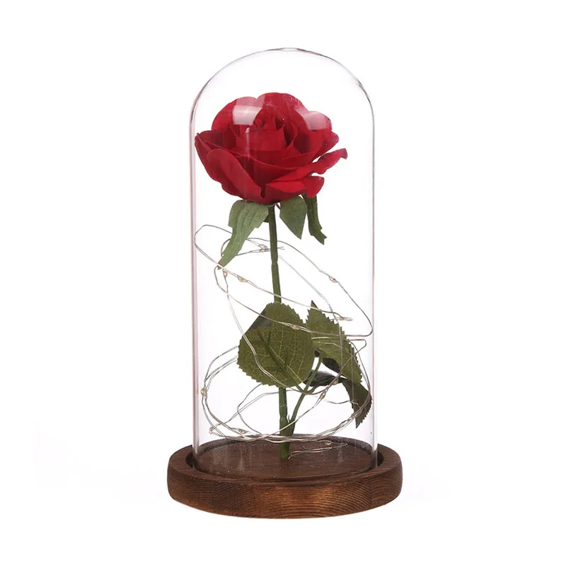 Светодиодная роза с питанием от батареи в виде красавицы и зверя в стекле светодиодная гирлянда в виде цветка розы с деревянной основой подарок на день Святого Валентина