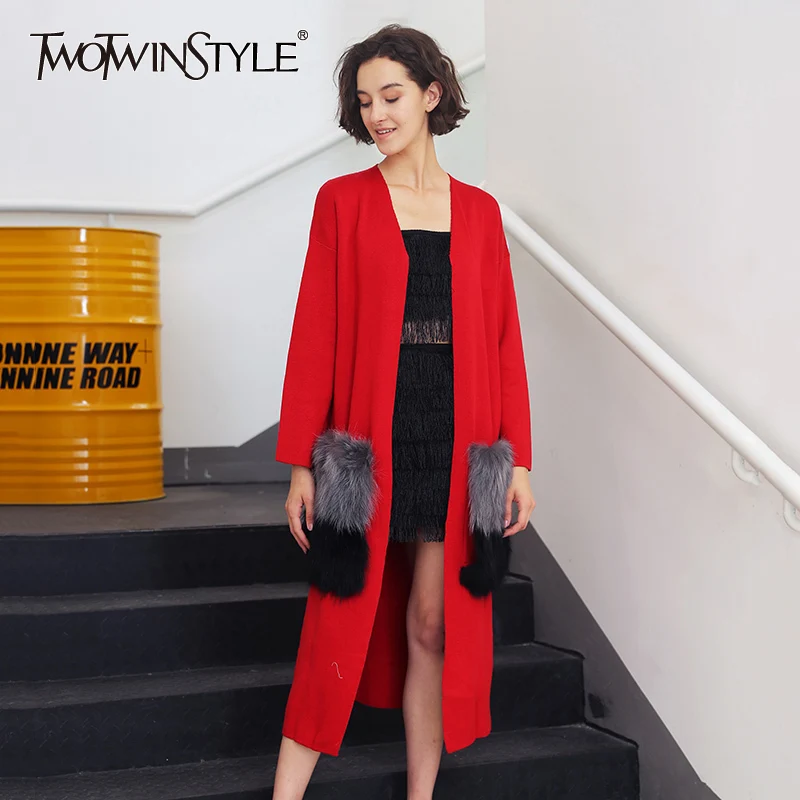 

TWOTWINSTYLE Knitted Windbreaker Female Pockets Fur Oversize Long Cardigan For Women Casual Autumn 2019 Fashion Clothing Elegant