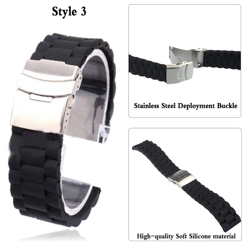 Shellhard 3Styles Sports Watch Band Waterproof Plastic Watch Band 20mm 22mm 24mm Black Watch Strap Deployment Buckle Bracelet