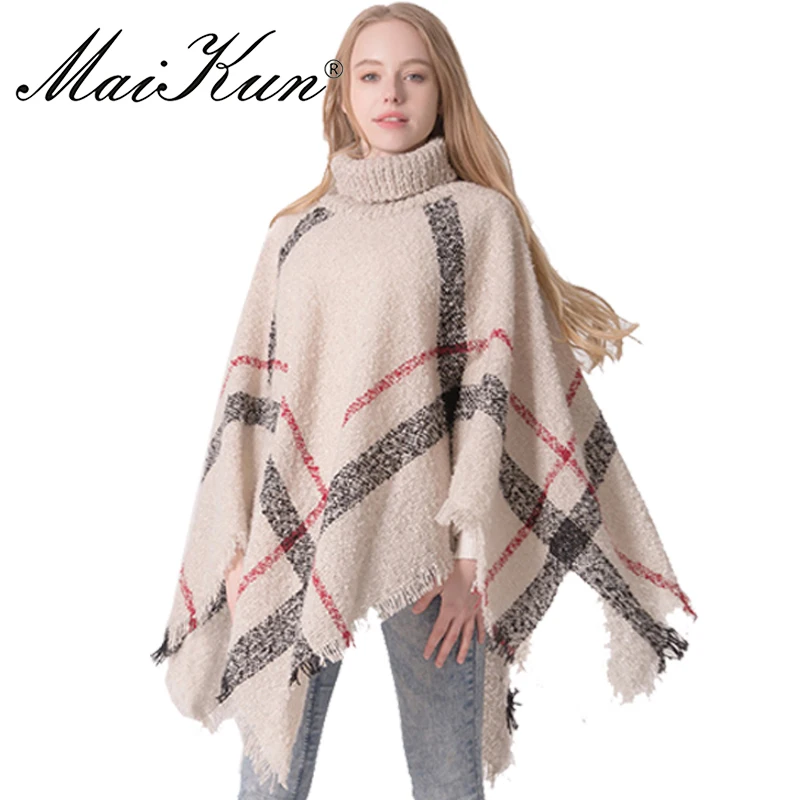 

Maikun High Collar Scarf for Women Winter Warm Batwing Tassels Poncho Cape Wool Plaid Knit Sweater Plaid Cloak