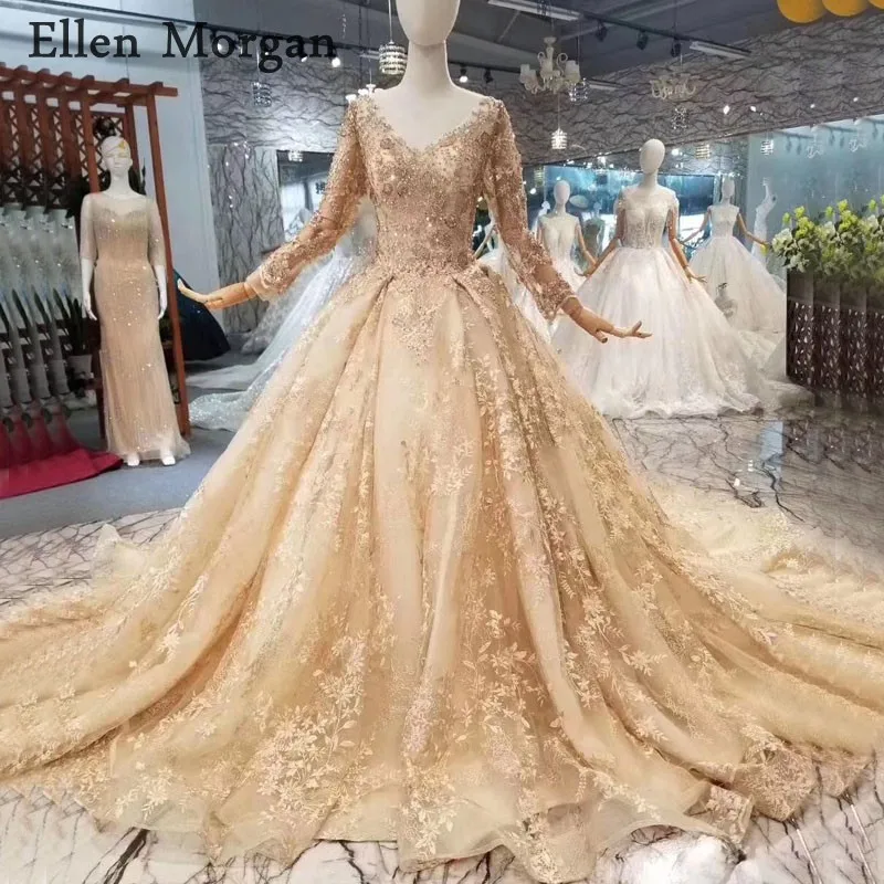 Long sleeve beaded bodice wedding dress for women