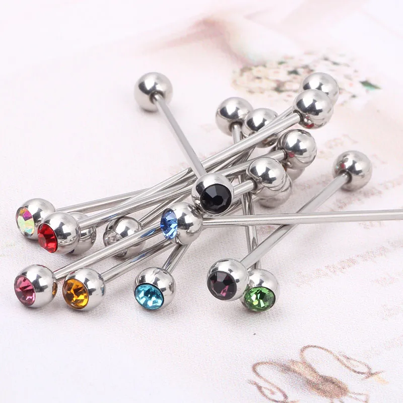 Industrial Scaffold Barbell Ear Piercing Bar Surgical Steel With CZ Gem BALLS 2pcs 38mm long 11