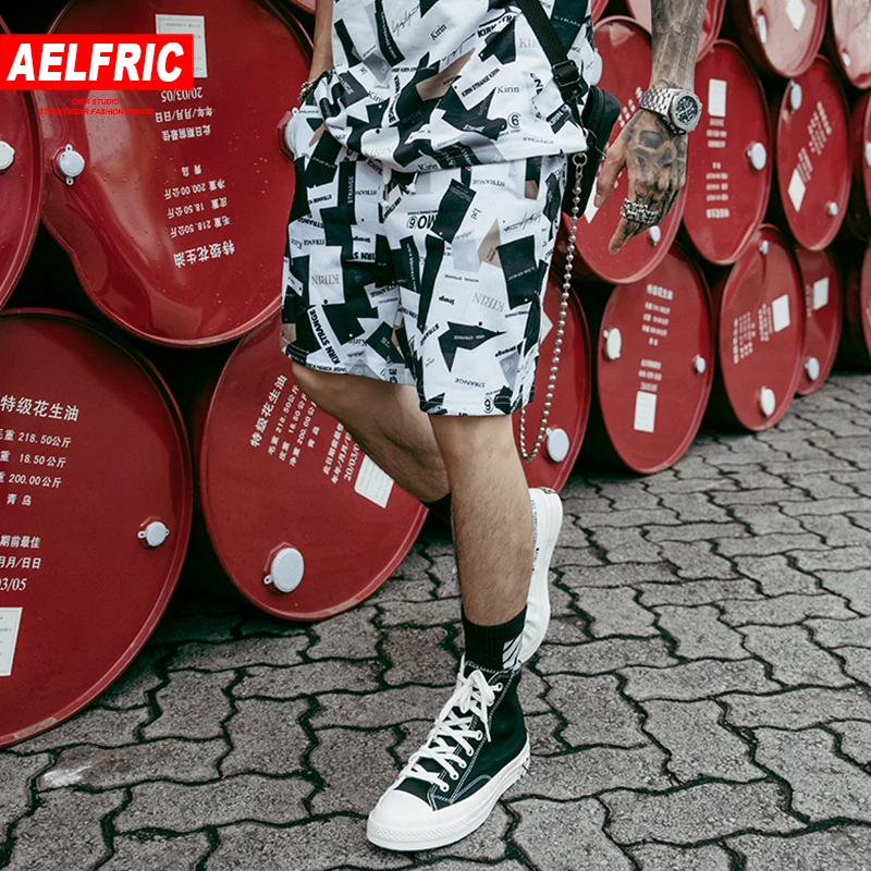 AELFRIC с буквенным принтом Мужские шорты летние хип хоп Короткие джоггеры модные Harajuku уличная дизайнерская свободная длина до колена