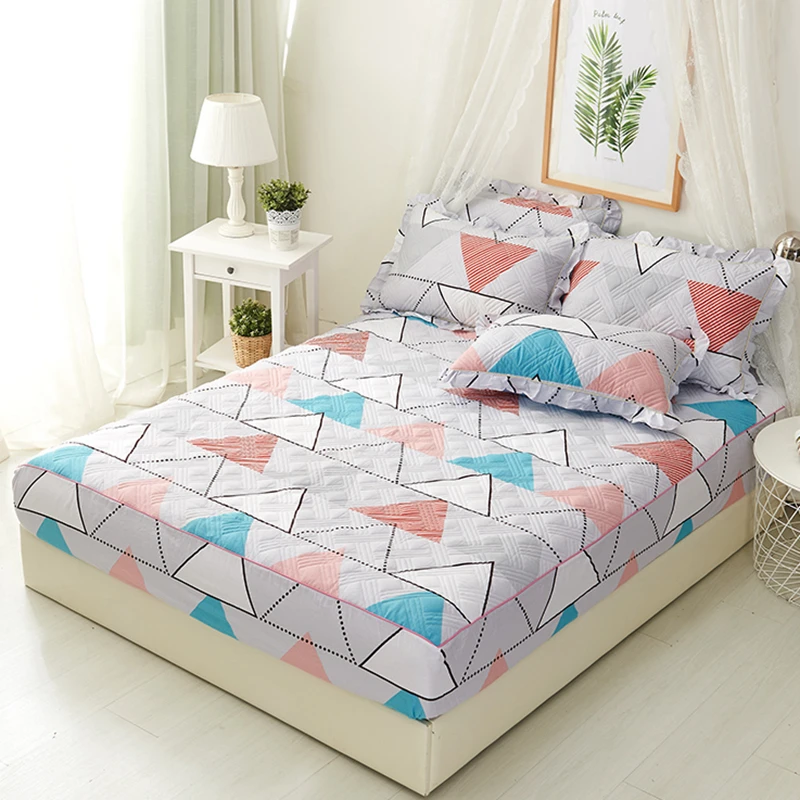 Colored geometric pattern anti-slip fitted sheet elastic bedspread simple style bed protective cover bedroom hotel #s | Дом и сад