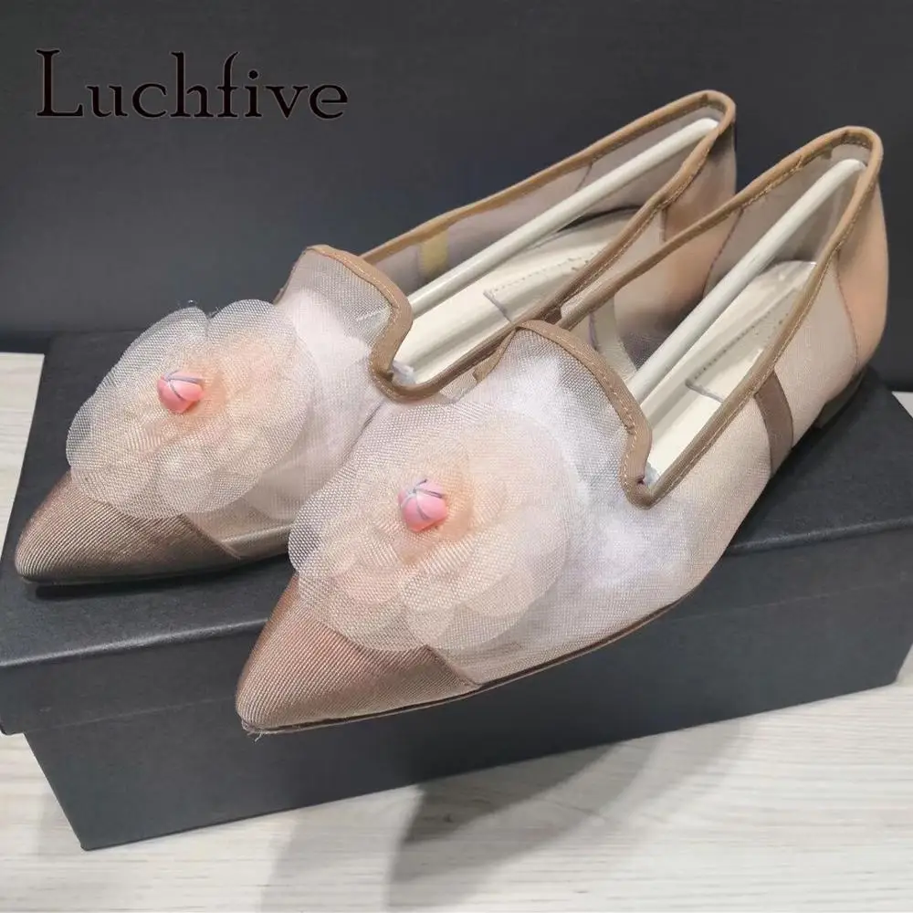 

Luchfive Flower Embellished Mesh Flats Nude Pink See Through Princess Shoes Women Bridal Dress Shoes