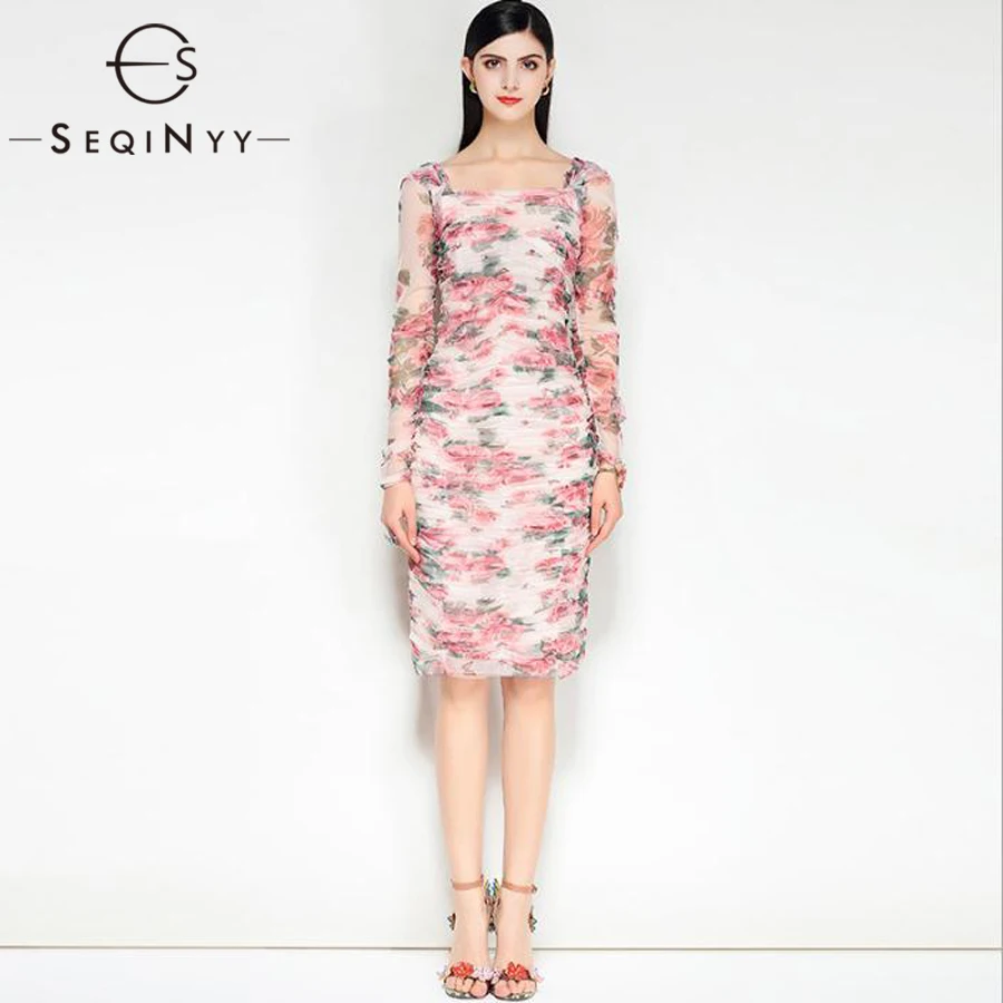 

SEQINYY Elegant Dress Pink Flowers Printed 2018 Summer New Fashion Runway Long Sleeve Elastic Soft Mesh Beige Sheath Knee Dress