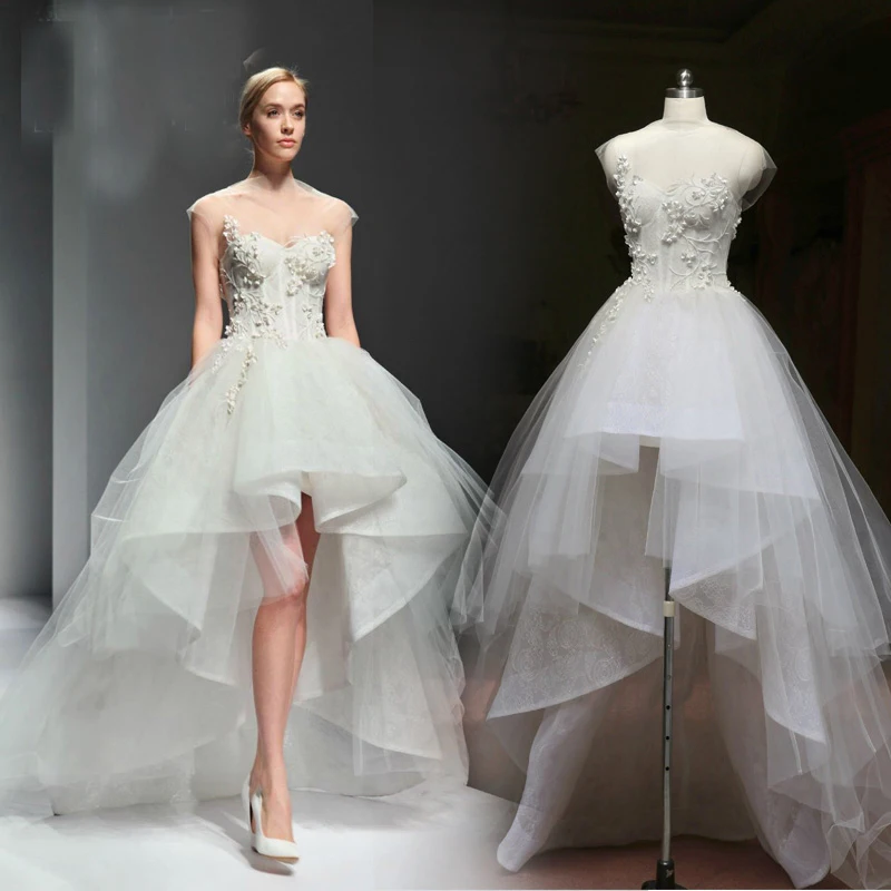 2015 nuevo diseño de vestidos de novia corto por delante y largo en