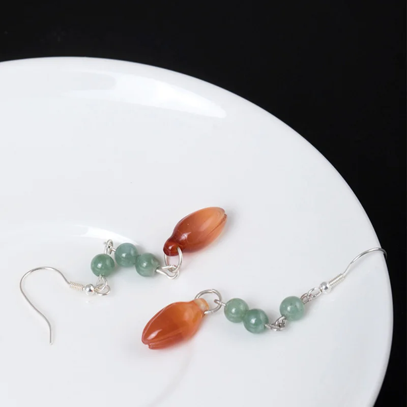 Женские серьги из серебра 100% пробы с натуральным нефритом и изумрудом|earrings