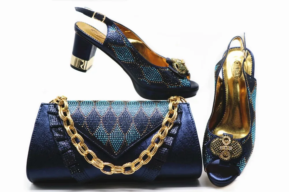 

Navy blue italian shoes and bag matching set low heel 2.95 inches 2019 new arrival shoes clutches bag size 38 to 43 SB8338-3