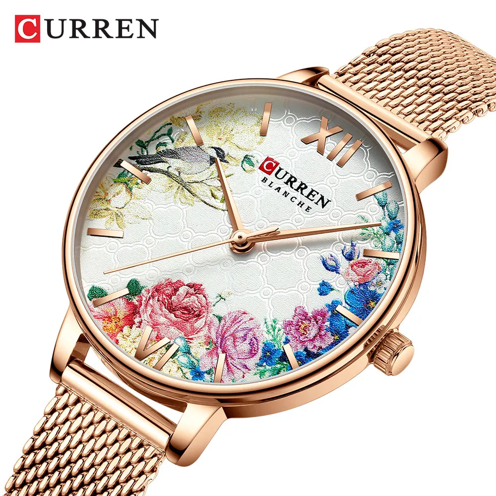 

CURREN Rose Gold Lady Watch Flower Garden Ultra-thin Mesh Steel Band Belts Quartz Waterproof Women Dress Wristwatch Montre Femme