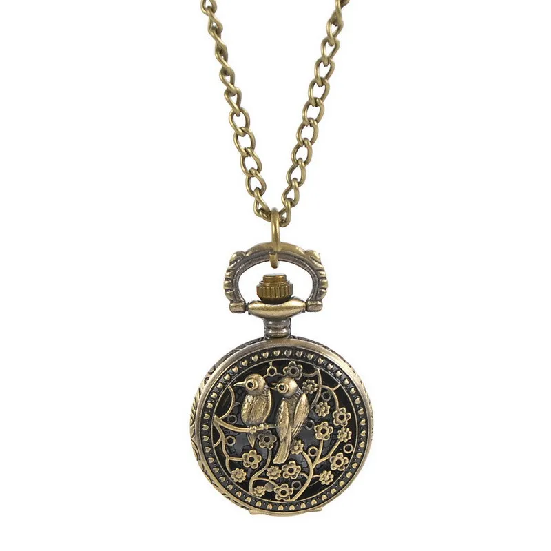 

Vintage Bronze Hollow Free Love Birds Necklace Chain Pocket Watch With Battery Jewelry Gifts For Women Men Valentine's Day Gift