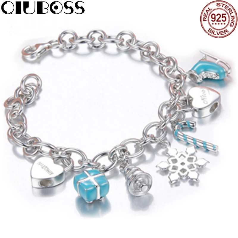 QIUBOSS TIFF 925 пробы серебряный браслет модные синие серии в форме сердца подарок Снежинка коньки браслет подарок