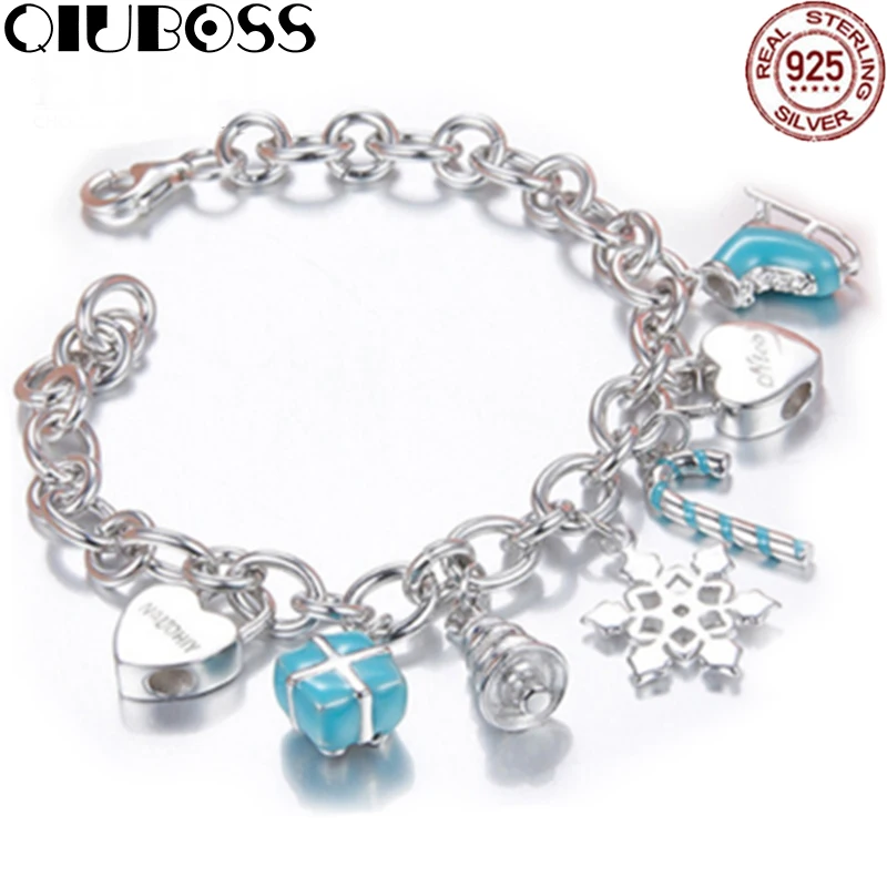 

QIUBOSS TIFF 925 Sterling Silver Bracelet Set Fashion Blue Series Heart-shaped Gift Snowflake Skates Bracelet Gift