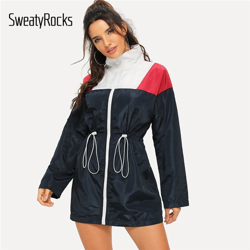 

SweatyRocks Navy Plaited Waist Zip Front Color Block Windbreaker Jacket Stand Collar 2018 Autumn Women Casual Outerwear And Tops