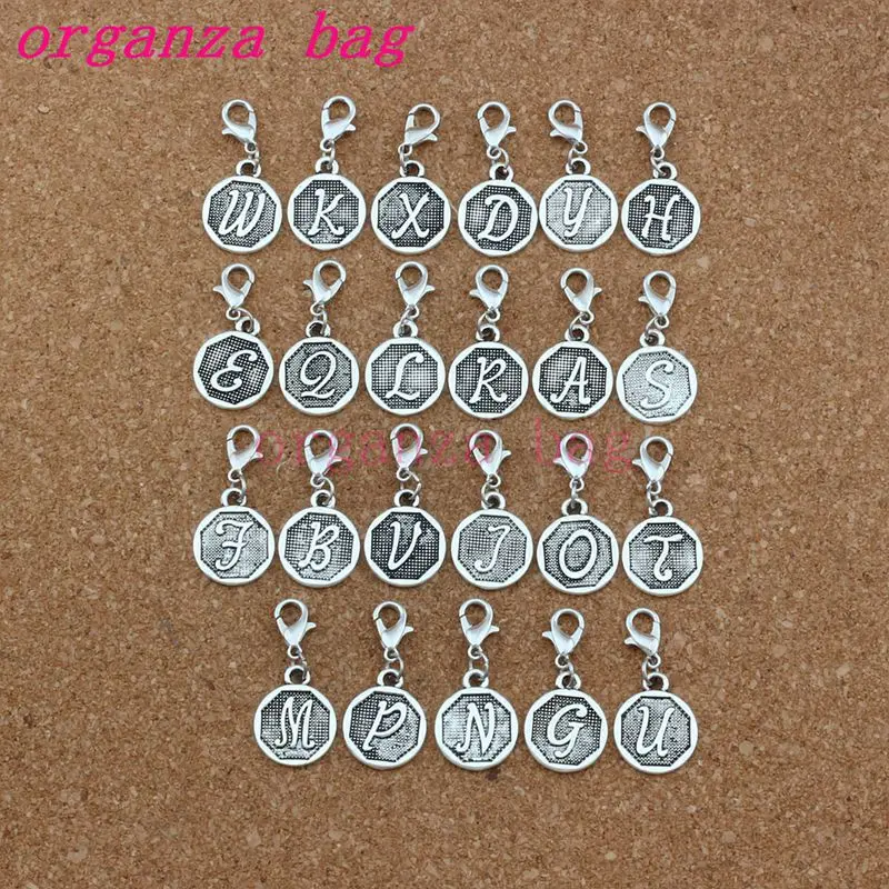 

50pcs Antique Silver Mixed Letter Disc Initial Floating Lobster Clasps Charm Beads Fit Charm Bracelet DIY Jewelry 14.8x32.5