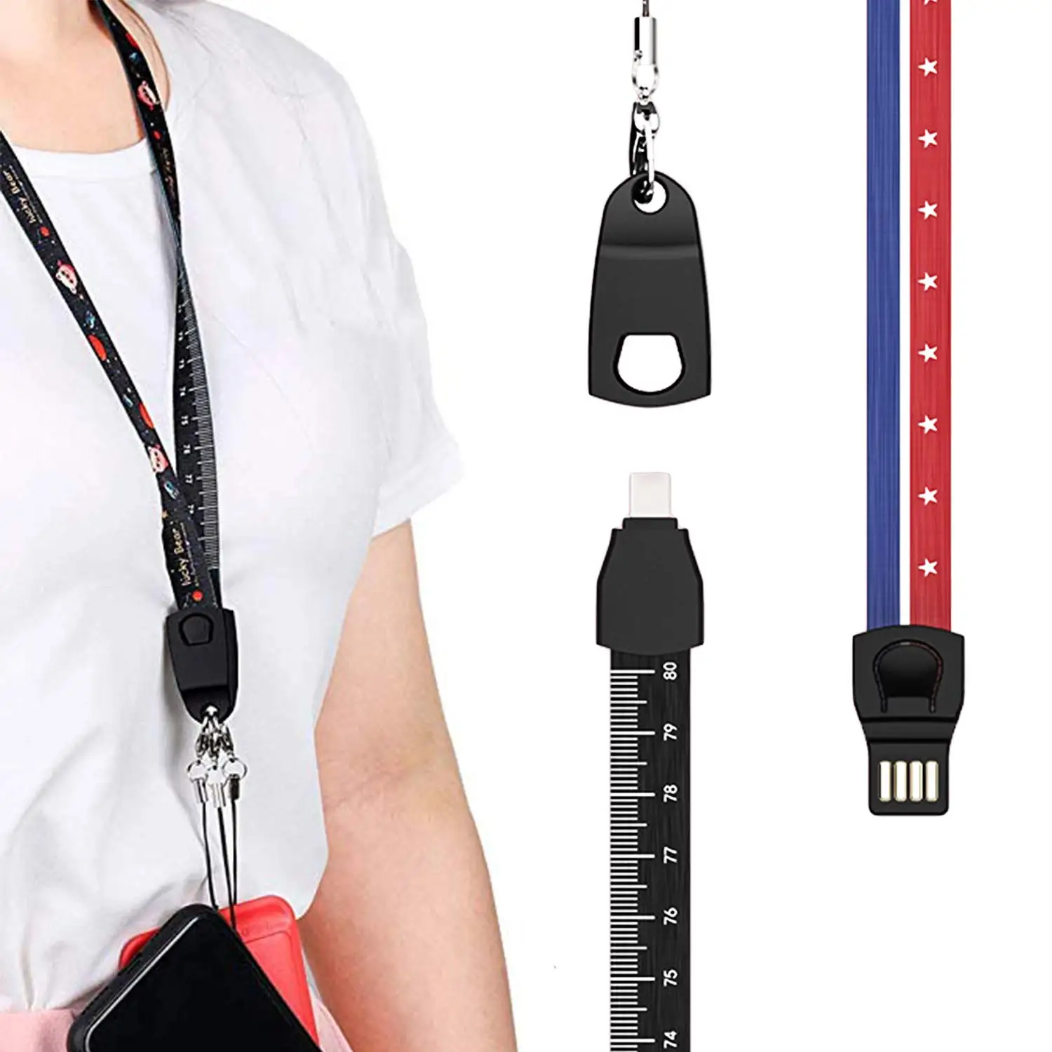 

Fast Micro USB Data Cable Charger Neck Lanyard Strap for iPhone Xs Max X Work Card Key Chain Charger Hang Rope for Samsung S10