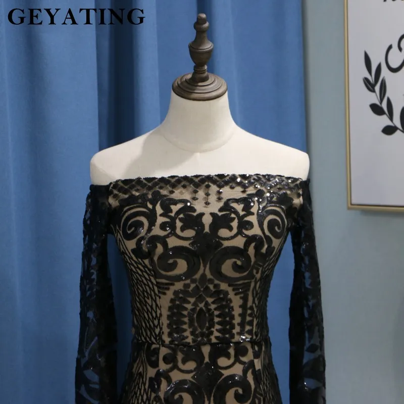 Saudi Arabic Black Sequins Mermaid Evening Dress Long Sleeves Off Shoulder Elegant Women Formal Dress Party Prom Dresses 2019 Saudi Arabic Black Sequins Mermaid Evening Dress Long Sleeves Off Shoulder Elegant Women Formal Dress Party Prom Dresses 2019