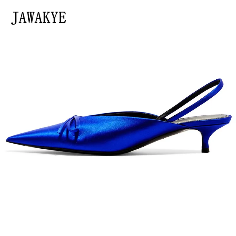 

JAWAKYE Candy Color Green Silk Leather Slides Sandals Women Pointed toe Kitten heels Bowknot Low Heel Ladies Summer Slingbacks