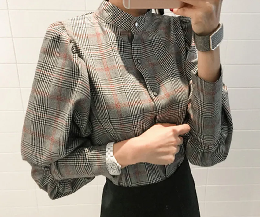 JSXDHK New Fashion Autumn Woemn Blouse Office Lady Plaid Long Lantern Sleeve Formal Back Bow Stand Collar Shirt Tops