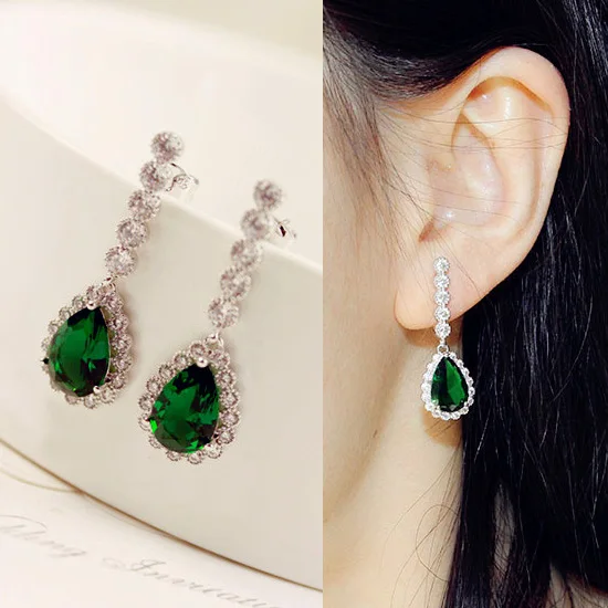 

Sparkling Fashion Water Drop Green Red Blue stone Long Earrings Cubic Zirconia Pave Setting women Jewelry