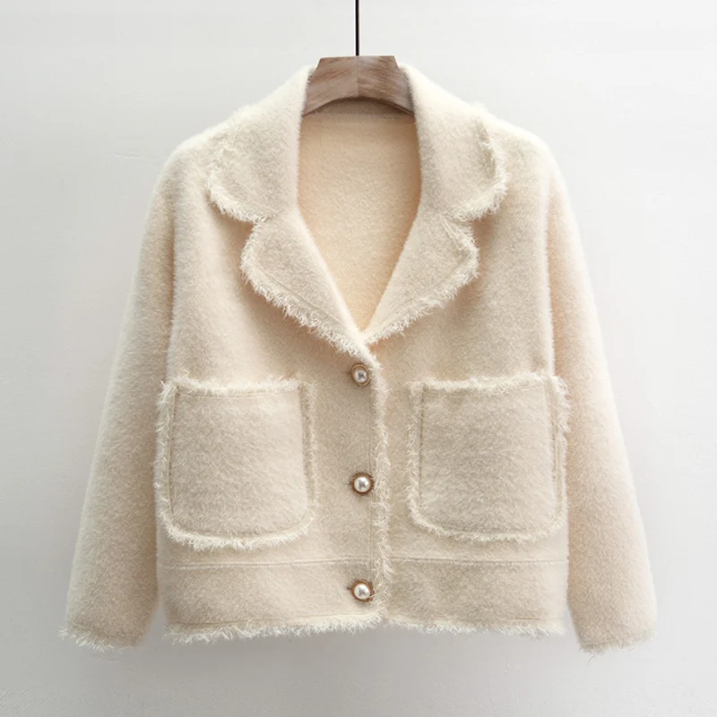 ^*Best Offers 2019 Autumn And Winter new Mink Cashmere Coats women Casual Loose Knitted Cardigans Short Sweater Solid color V-Neck Thick coats