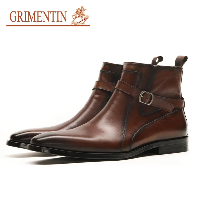 

Grimentin Men Ankle Boots Italian Style Genuinle leather Black Brown Formal Wedding Boots Dress Business Shoes