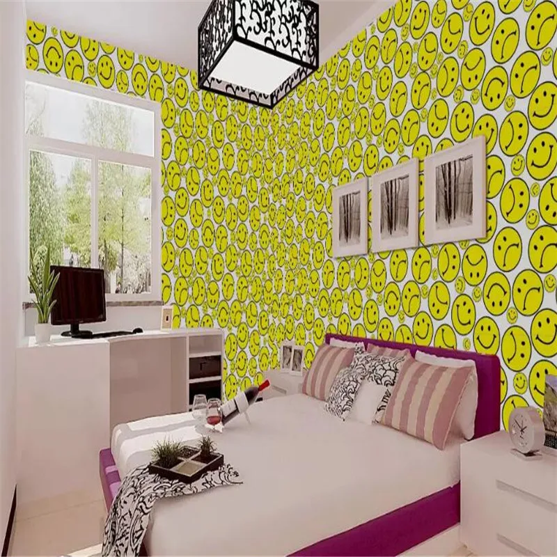 

Creative smiley yellow bedroom bar background wall high-grade wall cloth manufacturers wholesale wallpaper murals 3D photo wall.