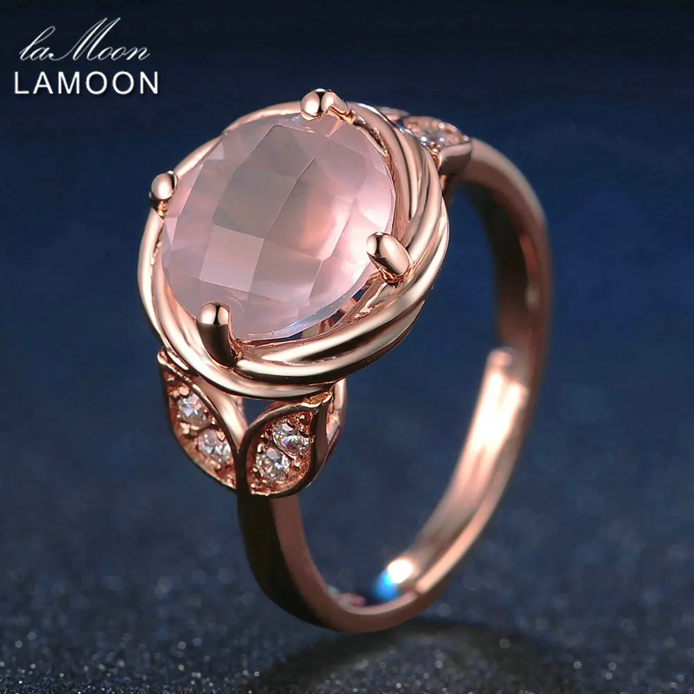 

LAMOON 925 Sterling Silver Jewelry Wedding Bands Rings Flower 9mm Natural Round Pink Mosaic Rose Quartz Romantic Ring Anillos