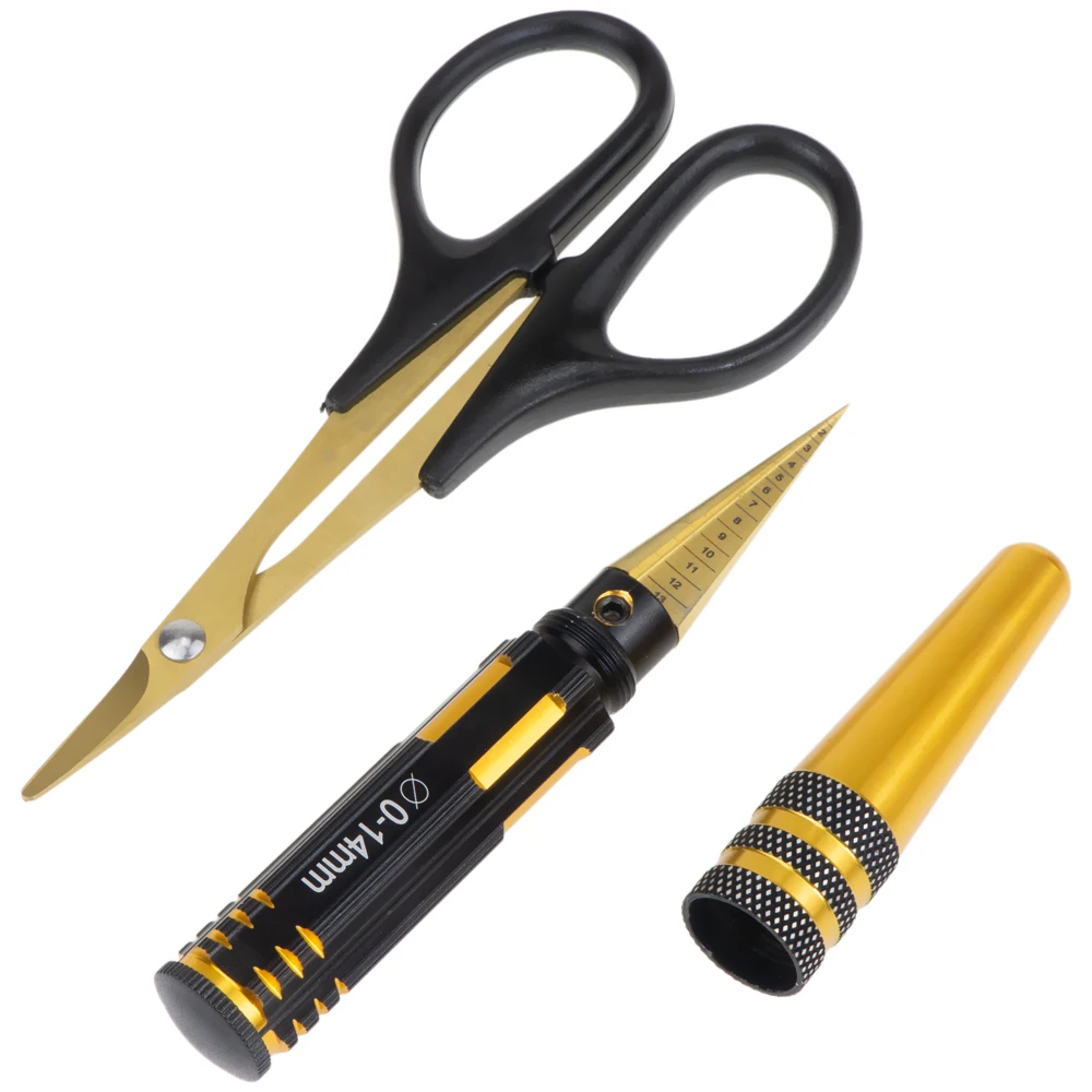

1Set Body Reamer 0-14mm Hole Puncher Sleeve and Curved yellow Scissors Set For RC Car Body shell Hobby Repair Tool
