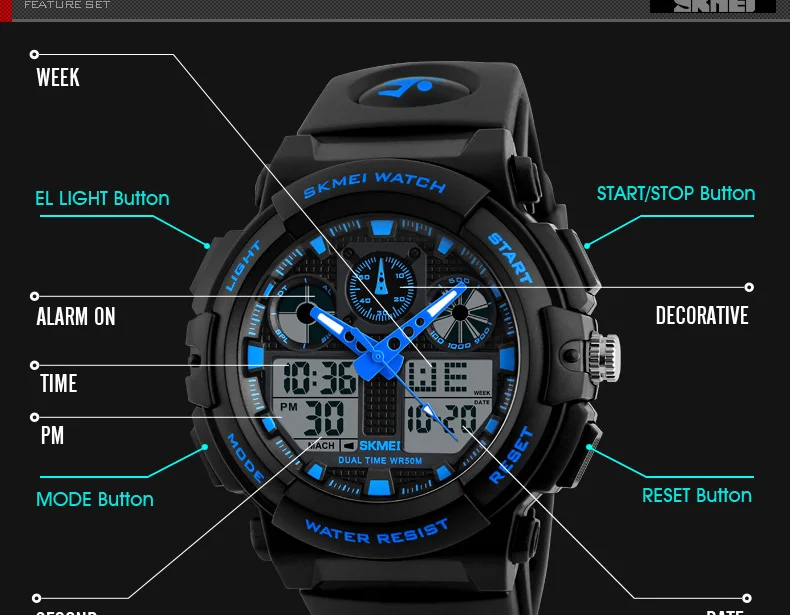 SKMEI Брендовые мужские спортивные часы, аналоговые кварцевые часы, мужские часы с двойным дисплеем, цифровой светильник, 12/24 часов, часы, мужские часы