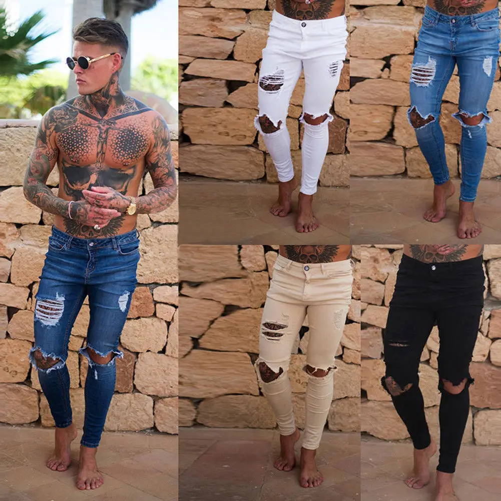 New Hole Jean Men Fashion Skinny Stretch Denim Pencil Pants Distressed Ripped Freyed Biker Slim Fit Jeans Trouser Size 28-36 New Hole Jean Men Fashion Skinny Stretch Denim Pencil Pants Distressed Ripped Freyed Biker Slim Fit Jeans Trouser Size 28-36