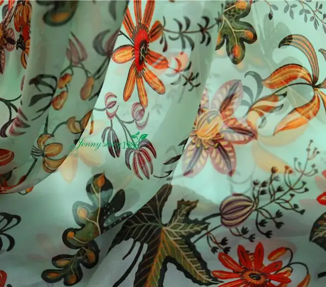 

2020 New Flower Type Original Silk Chiffon Primitive Forest Green Element Very refreshing Fabric