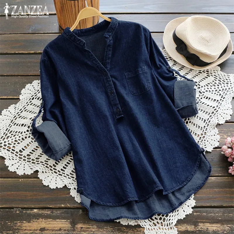Online ZANZEA 2019 delle Donne Denim Blu Camicette Moda Autunno Camicetta casual Button Scollo A V A Maniche Lunghe Magliette e camicette Più Il Formato Jean tunica Blusa 5XL
