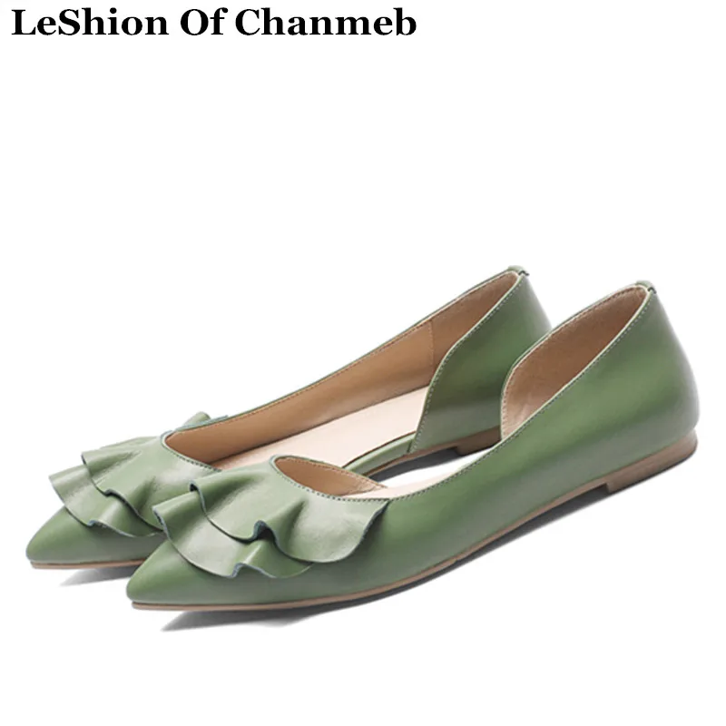 

Fashion Real Leather Flats Shoes Women's Ruffles Green Black Nude Espadrilles Ladies Easy Walking Casual Shoes Slip ons Loafers