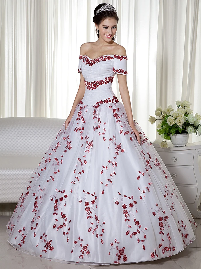 off white and red wedding dresses
